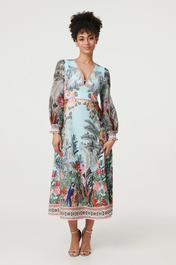 Green | Tropical Print Empire Waist Midi Dress
