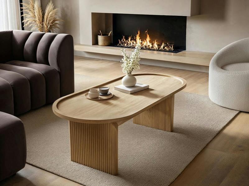 Varm Ribbed Wooden Oval Coffee Table Oak
