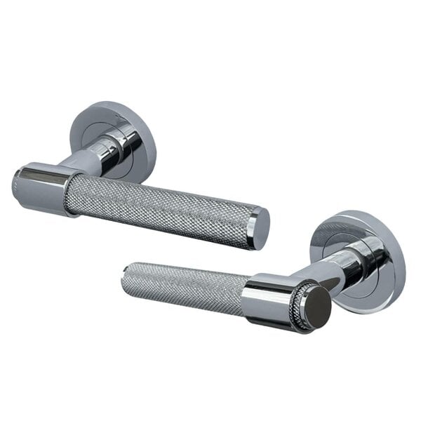 EDH Door Hardware Polished Chrome Knurled Door Handles on Round Rose – Modern Internal Lever Handle