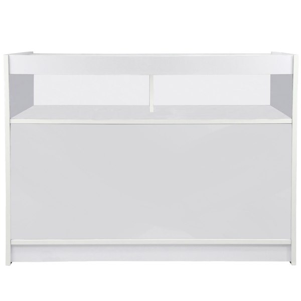 B1200 Retail Shop Counter in brilliant white, featuring a sleek, modern design with a smooth finish and spacious top for displays