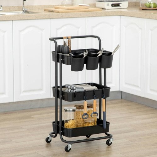 Wyld Haus Nirelu Metal Black 3 Tier Home Trolley With Handle And Wheels