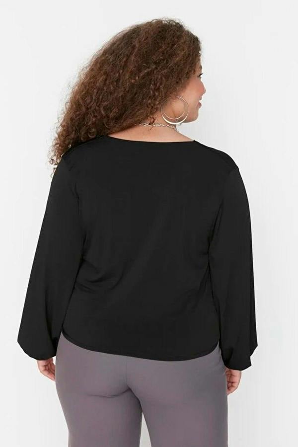 WOVCOR Balloon Sleeve Wrap Collar Knitted Blouse