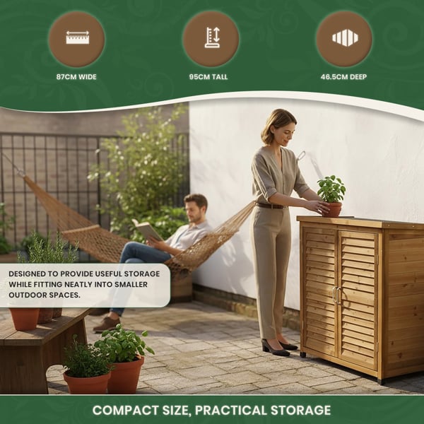 Wooden Tool Shed Storage Cabinet Natural, Outdoor Garden Storage with Felted Roof, Louvred Double Doors, 3 Shelves