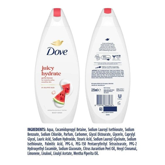 Dove Juicy Hydrate Body Wash, 0% Sulfates & SLES Gentel Cleansing, 225ml 6 Pack
