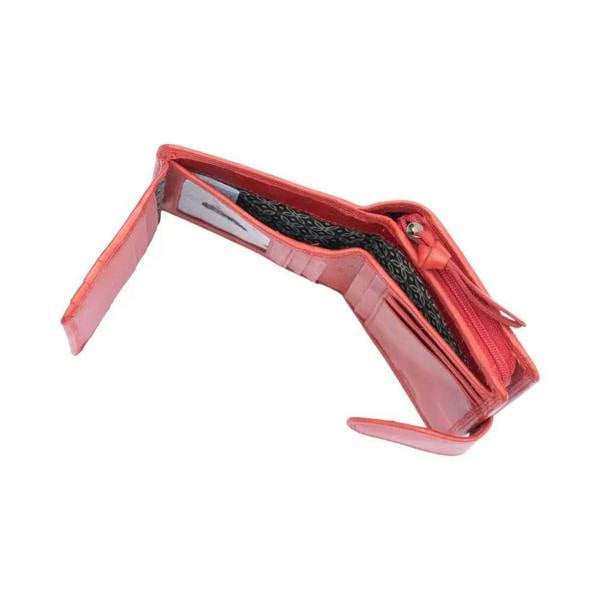 Side profile of Red Paloma trifold purse showing compact design