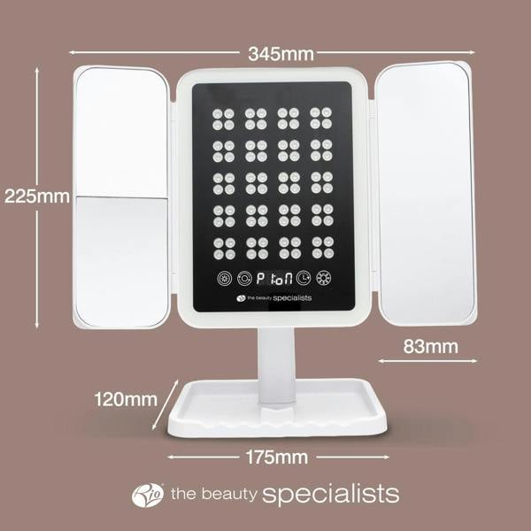 The Rio Radiance Light Therapy Panel is a tri-fold LED mirror with advanced skincare features and labeled dimensions: height 225mm, width 345mm, side panels 120mm and 83mm, and base 175mm. "Rio the beauty specialists" is branded at the bottom.
