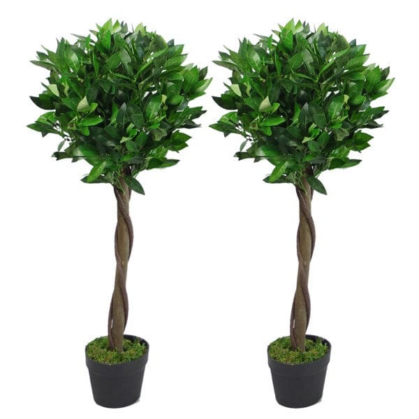 Leaf Pair of 90cm (3ft) Twisted Stem Artificial Topiary Bay Laurel Ball Trees