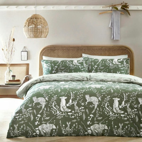 Furn Buckthorn Reversible Woodland Duvet Cover Set - Evergreen