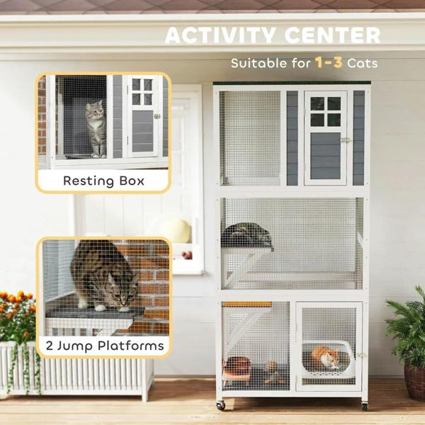 White cat activity enclosure with wire mesh compartments and raised jump platforms