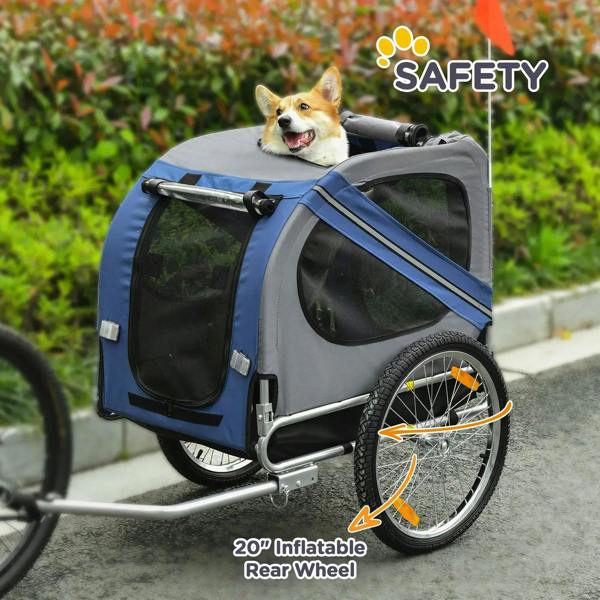 Blue and gray pet bike trailer with safety flag, inflatable rear wheel, and mesh door.