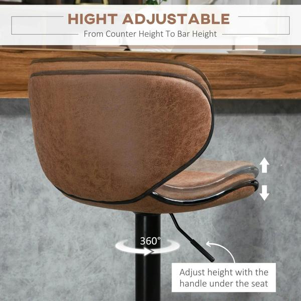Brown armless bar stool with microfiber seat, adjustable height lever, swivel design