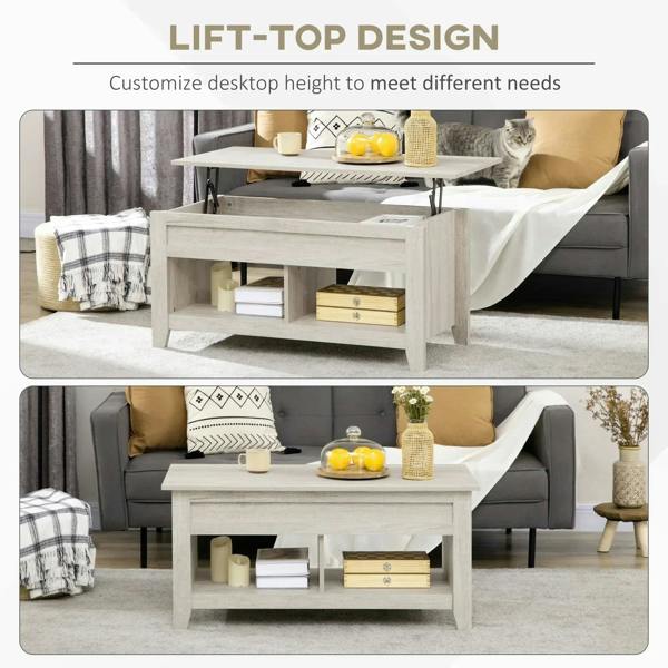 Lift-top coffee table with light oak-effect finish and open lower storage shelves