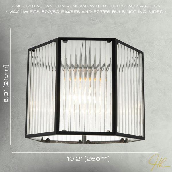 Vintage Industrial Lantern Pendant Shade in Black with Ribbed Glass Image 6