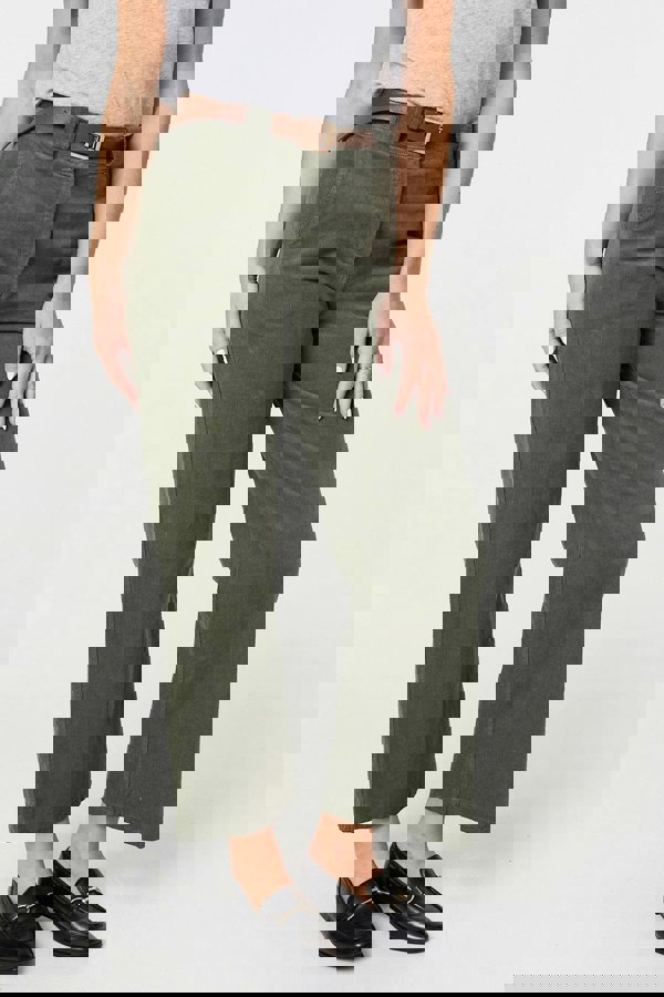 Green | Faux Leather Belt Corduroy Trousers