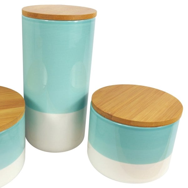 Leaf Set of Three Canisters Aqua Green Ceramic Storage Jars with Lids