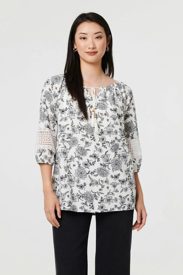 White | Floral Lace Trim Tie Neck Bardot Blouse
