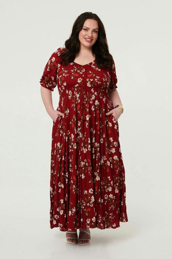 Red | Curve Floral Bardot Empire Maxi Dress
