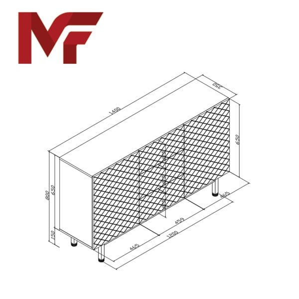 Mex FurnitureGrey Matt Sideboard 140cm Diamond Pattern with Gold Legs