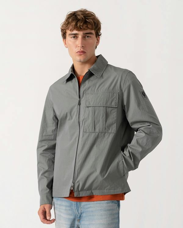 Model wearing Belstaff Cargo Mens Overshirt - Atlantic Grey with pocket details