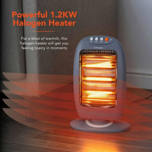 Dyzi 1200W Halogen Heater 3 Heat Settings Oscillating Tip-Over Grey