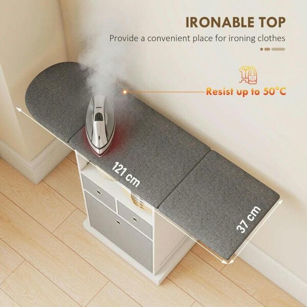 Ironing Board Cabinet on Wheels with Ironable and Foldable Top, Mobile Storage Cabinet with Ironing Board, White