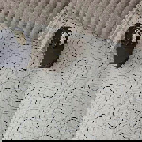 Living Room rug, blue-cream colours, geometric, practicality in mind, the rug is anti-allergic.