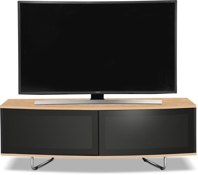 Centurion Supports Caru Gloss Black and Oak Beam-Thru Remote Friendly Super-Contemporary "D" Shape Design 32"-65" LED/OLED/LCD TV Cabinet