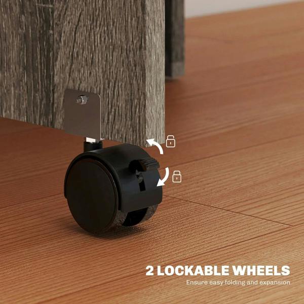 Grey folding dining table with lockable caster wheels at the corner