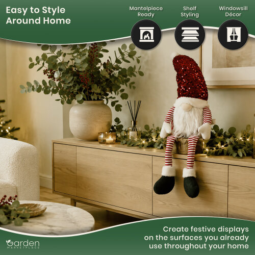 Large Red Glam Christmas Gonk Figure, 75cm Sitting Decoration with Sparkly Sequined Hat, Soft Polyester Indoor Ornament