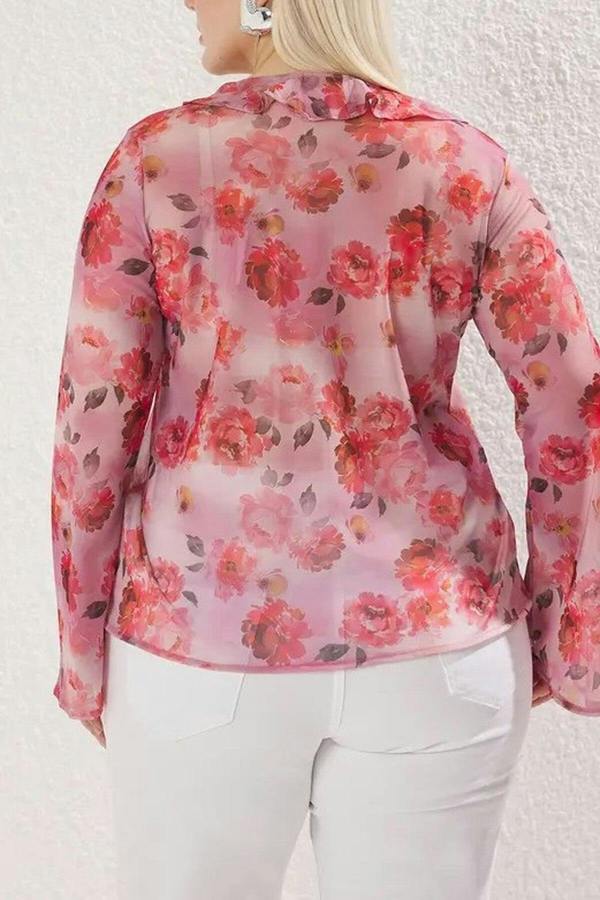 WOVCOR Floral Patterned Tie-Up Tulle Knit Plus Size Blouse
