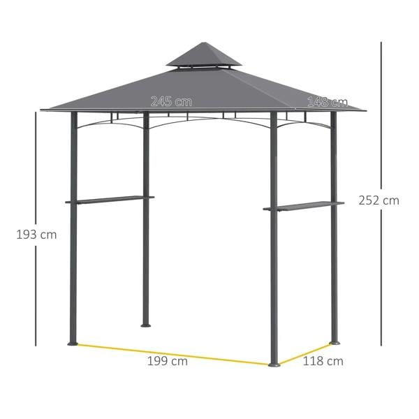 Grey double-tier BBQ gazebo grill canopy with size dimensions on metal frame
