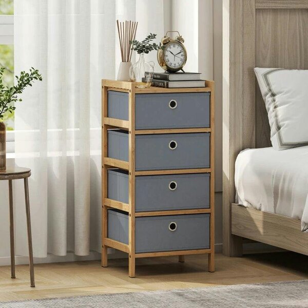 Chest of Drawers, 4 Fabric Drawers Narrow Dresser with Bamboo Frame, Light Grey - Light Grey