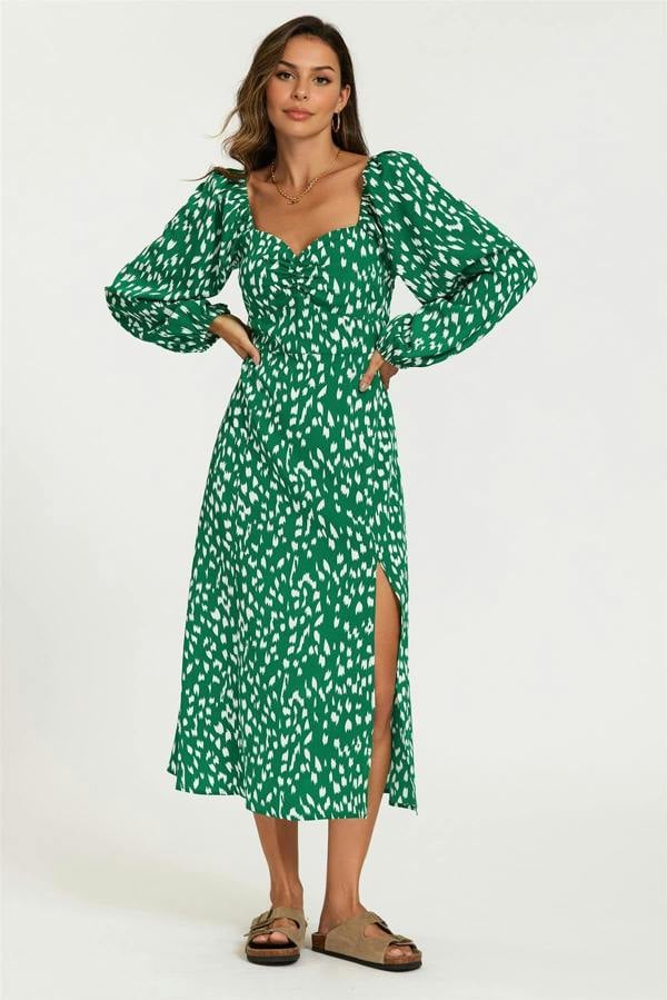 FS Collection Brushstroke Print Long Sleeve Heart Neckline Midi Dress In Green