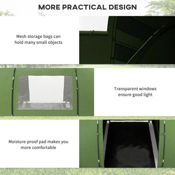 Dark green tunnel tent features: mesh storage section, clear windows, and ground pad