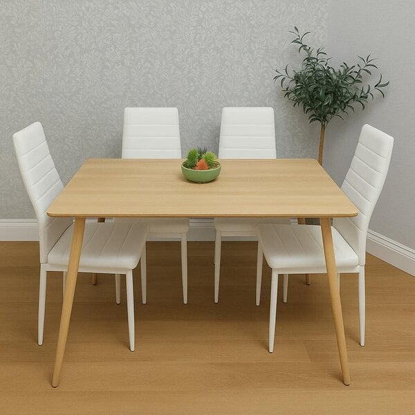 Kosy Koala Modern Rectangle Wood Effect Dining Table Set With 4 White Faux Leather Chairs Dining Room Furniture