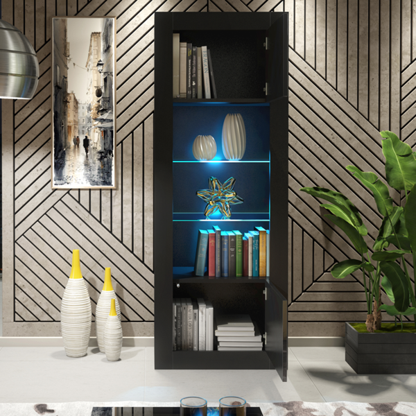 Mex Furniture 170cm Modern Display Cabinet – Black Gloss Doors with LED
