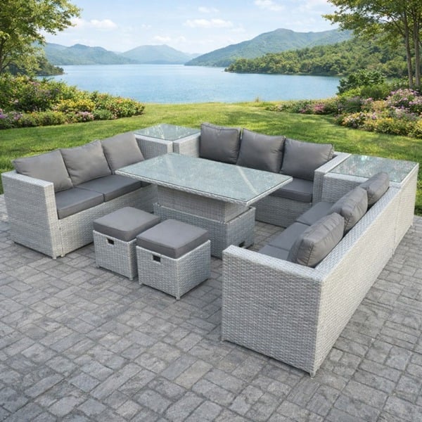 Fimous U-Shape 11 Seater Rattan Garden Sofa Dining Set with Adjustable Rising Table & Coffee Tables