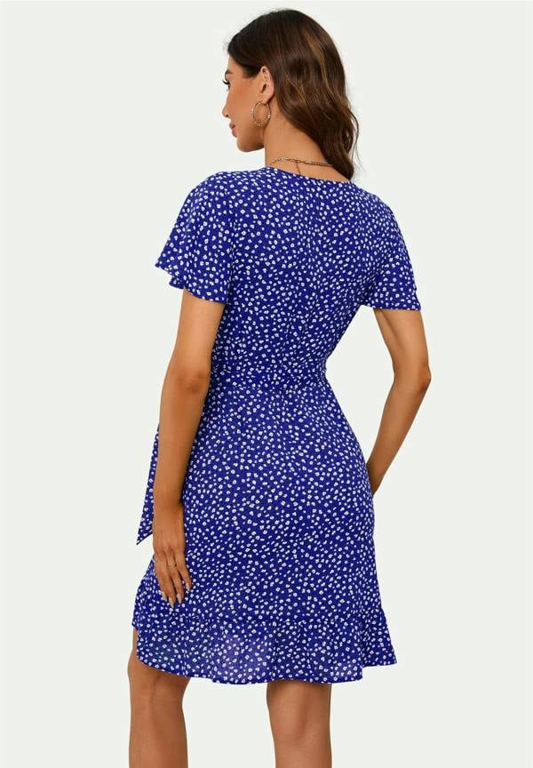 FS Collection Floral Print Mini Wrap Dress In Blue