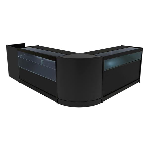 Black Gravity LED shop counter set featuring sleek glass display sections, modern curved design, and ample storage space