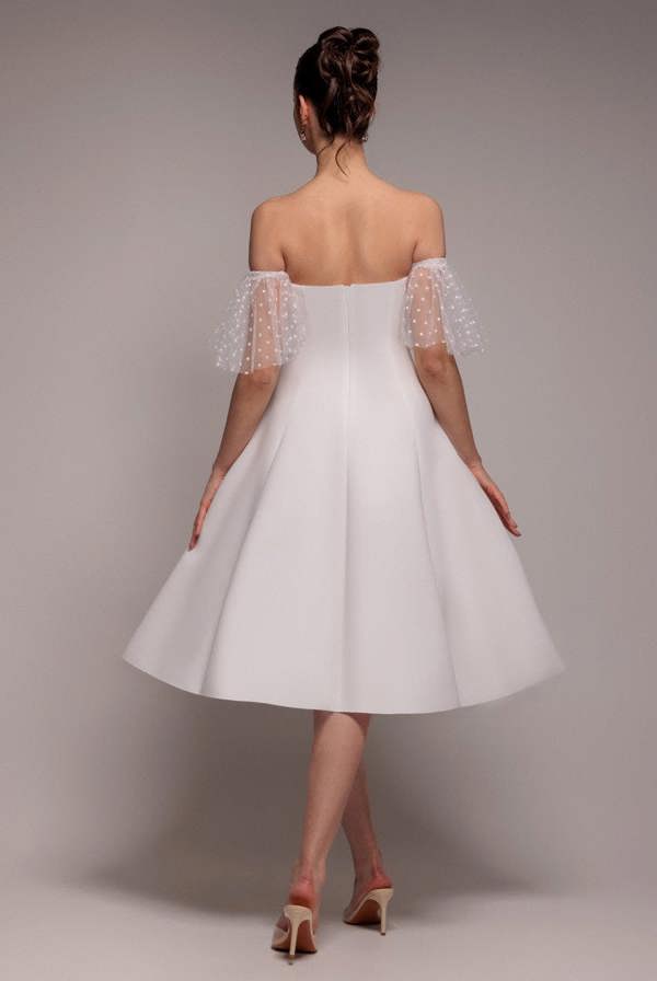 Scuba & Polka Mesh Off The Shoulder Midi Dress - White DR5016