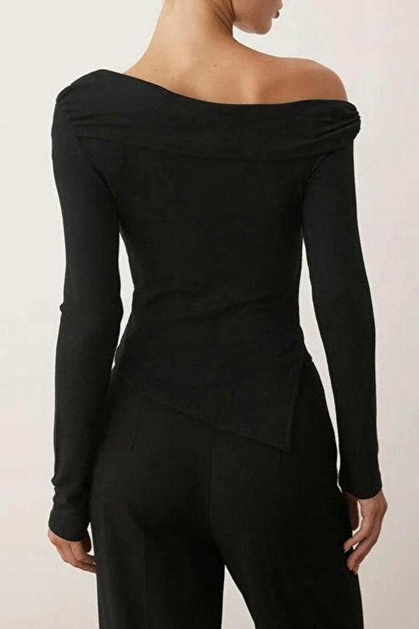 WOVCOR Asymmetrical Neckline Fitted Knitted Blouse with Accessory Details