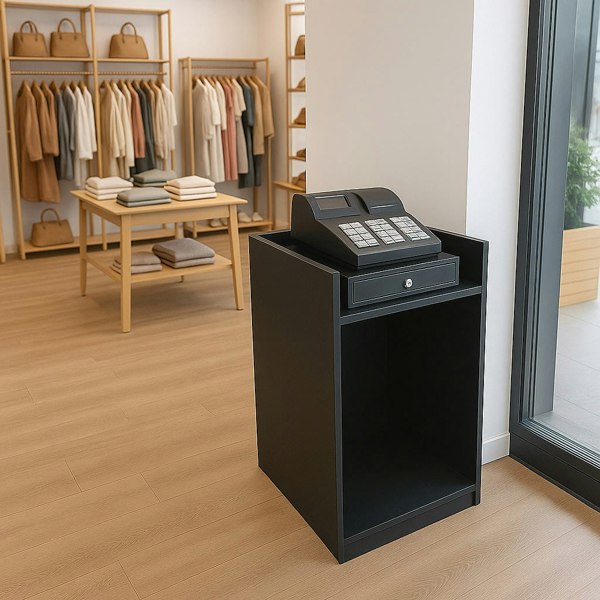 Black shop counter till block TB60 with a cash register, featuring a sleek design and open storage space, set in a retail environment