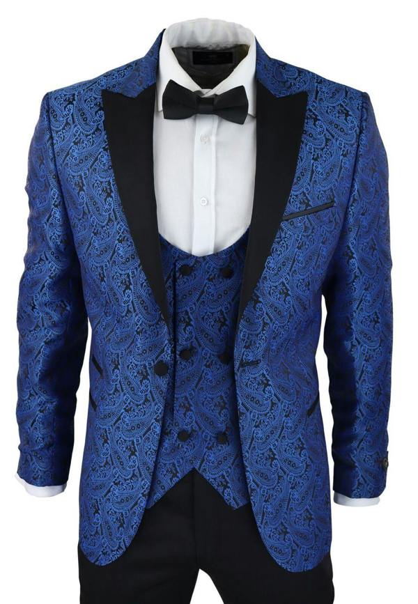 TruClothing Mens Blue Tuxedo Blazer Waistcoat Brocade Black Satin Paisley Dinner Jacket