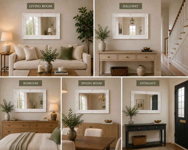 Downton Interiors Large Antique Style White Wood Frame Wall Mirror 90cm x 65cm