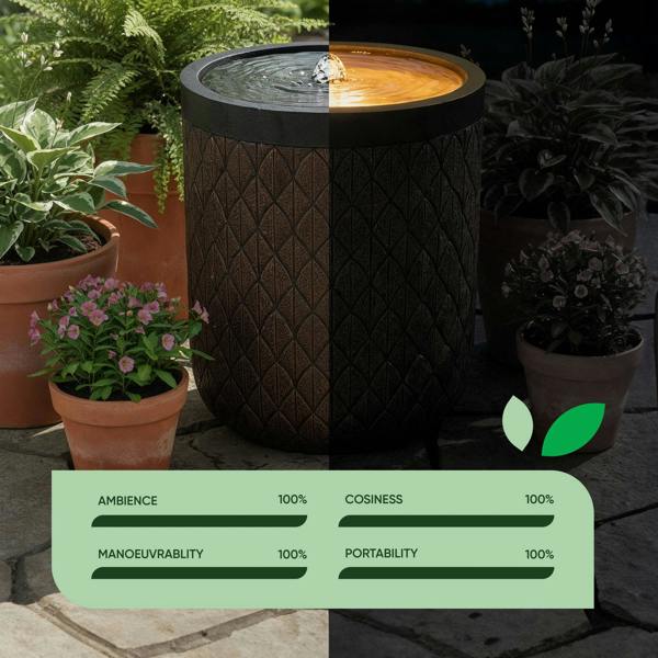 Gardenwize Solar Water Feature – Diamond Weave Barrel Fountain with LED Lights & Battery Backup