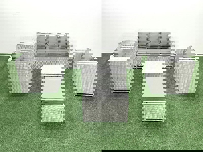 Fimous Rattan Garden Furniture Set with 3 Seater Sofa 2 Chair Rectangular Coffee Table Big Footstool Side Table Light Grey Mixed 6 Seater