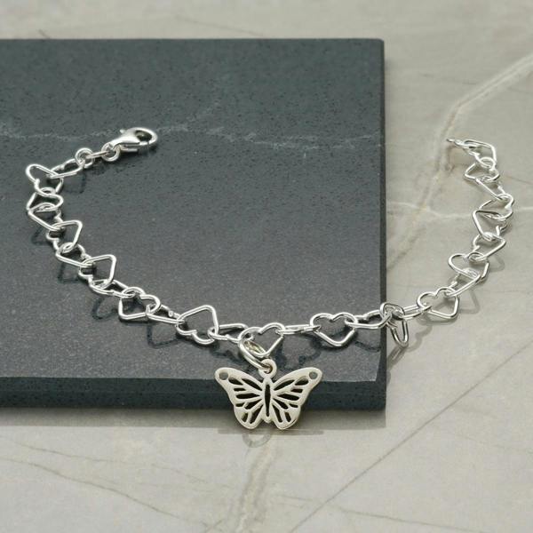 Sterling Silver Light Heart Charm Anklet With Butterfly Charm - Love Silver Jewellery
