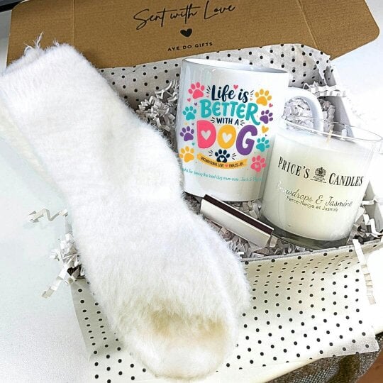 Aye Do Gifts Personalised Life is Better with a Dog Mug, Candle & Socks Gift Hamper | Family Gift