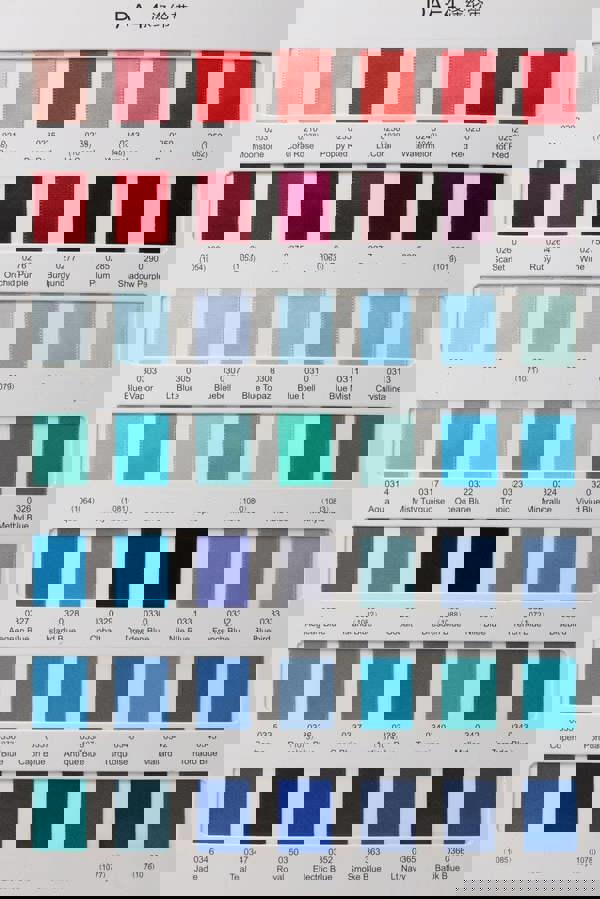 Color swatch chart with various shades of red, blue, and other colors.