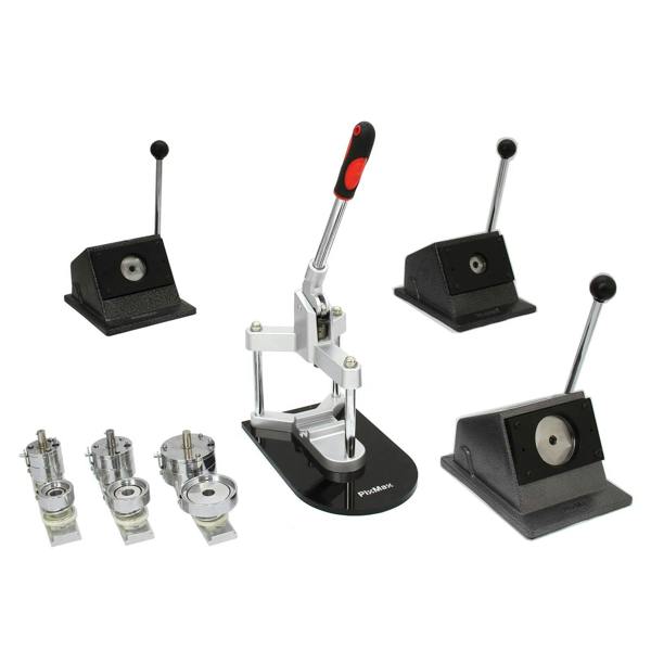 PixMax Badge Making Bundle featuring a sturdy metal press, multiple badge molds, and ergonomic handles for easy use